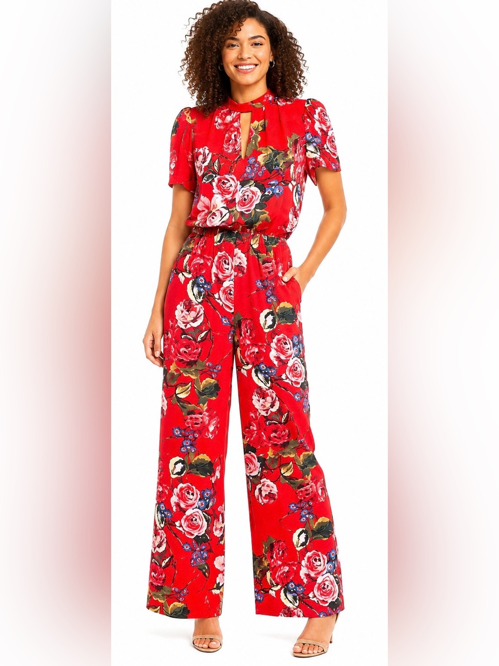 Anthropologie Red Floral Wide Leg Jumpsuit Keyhole Pockets NWOT